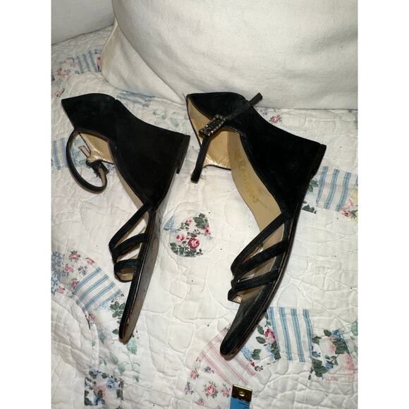 SALVATORE FERRAGAMO SUEDE WEDGE STRAPPY SANDALS W/ RHINESTONE BUCKLES 7.5N - Picture 2 of 6